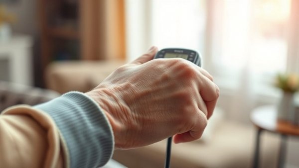 Elderly person monitoring blood pressure on a sunny table.