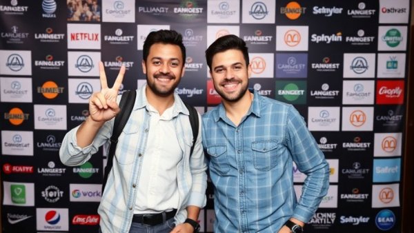 Two men posing happily at an event for veteran podcasts.