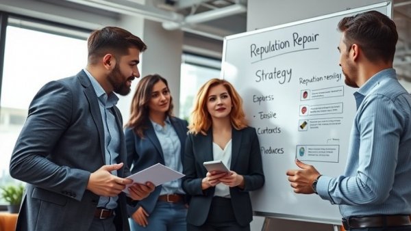 Business team discussing online reputation repair strategies.