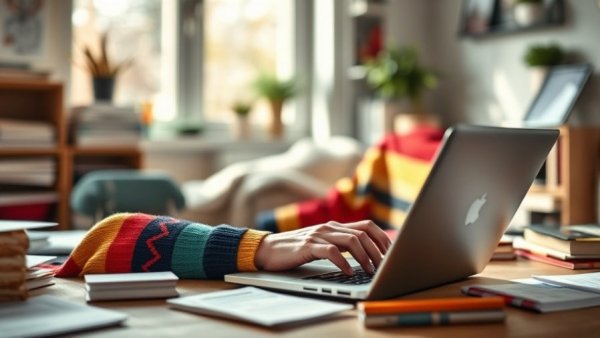 Colorful sweater individual typing on a laptop in a cozy office.