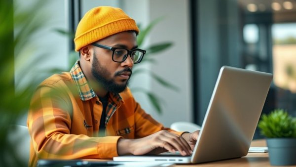 Smart freelancer in colorful sweater typing on laptop, symbolizing business growth from failure.