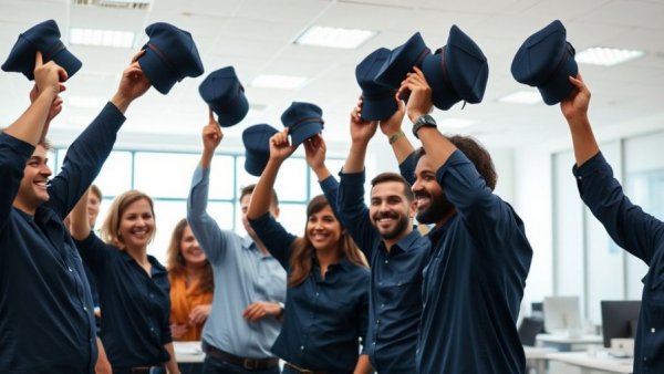 BOWA employee ownership celebration with group lifting caps.