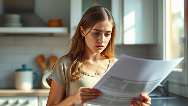 Young woman showing signs of stress while reading documents, illustrating broker bullying signs.