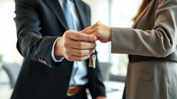 Real estate transaction key handover in office with laptop.