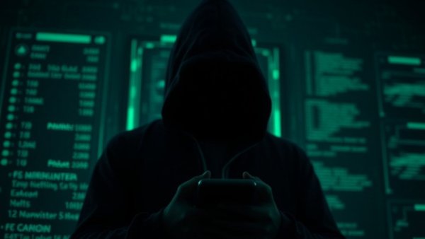 Shadow AI in healthcare security concept with hooded figure on phone.