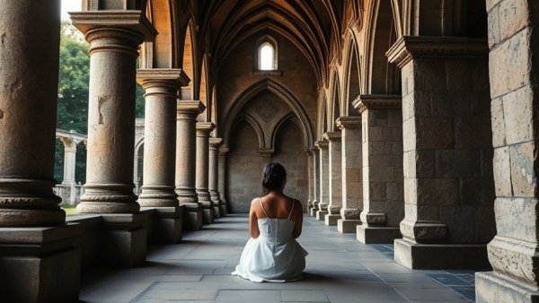 Modern pilgrimage to Iona: Woman in ancient cloisters, serene setting.