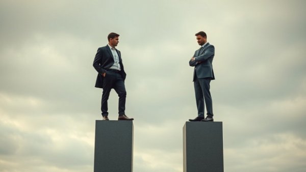 Conceptual image of founders misreading signals of success with two men on pedestals.