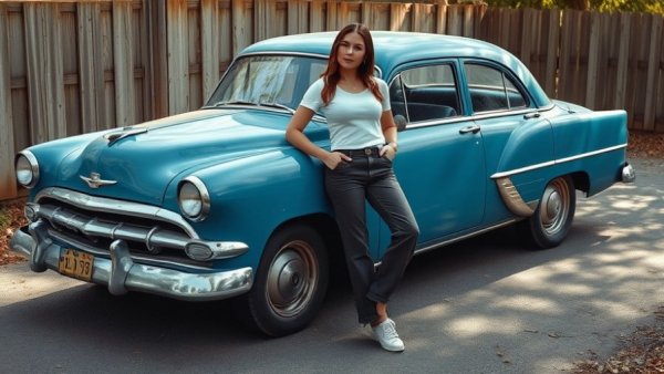 Casual woman with shopping cart by old car, midday sun