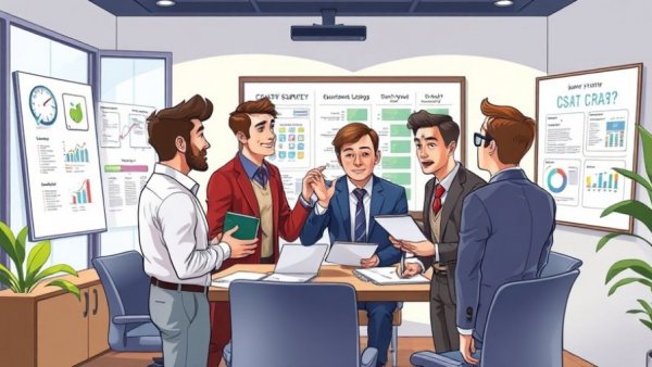 Professionals discussing effective CSAT survey strategies in a meeting room.