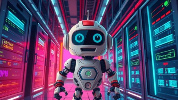 Cartoon robot in a futuristic server room, vibrant and glowing digital display.