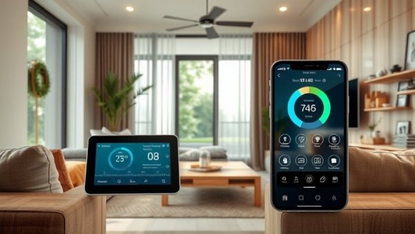 Modern living room with smart home energy automation devices.