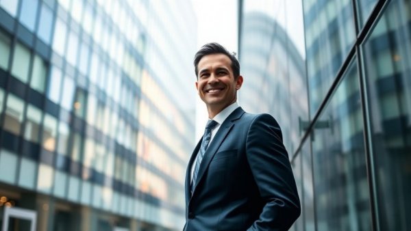 Confident businessman reflecting on leadership outside office.