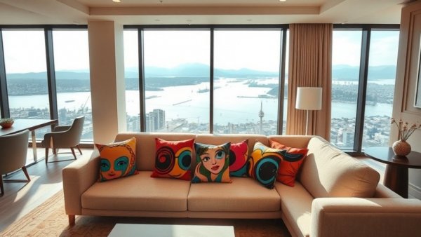 Hotel room with pop art pillows and a view of Vancouver's harbor