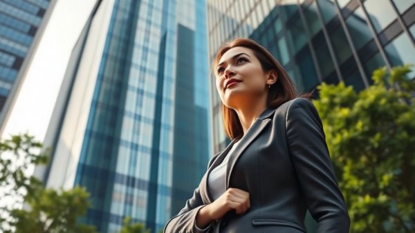 Confident businesswoman at skyscrapers, Funding Female Founders.