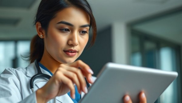 Healthcare professional using digital tablet in medical setting