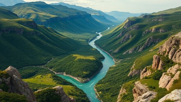Scenic Aysén landscape with turquoise river and mountains.