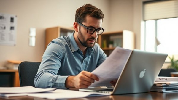 Individual reviewing documents for S Corporation Election Relief on laptop.