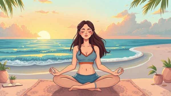 Illustrated yoga pose for beginners, serene beachside meditation at sunrise.