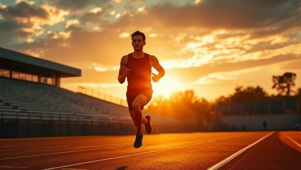Runner focused on goal setting, silhouetted on track at sunset.