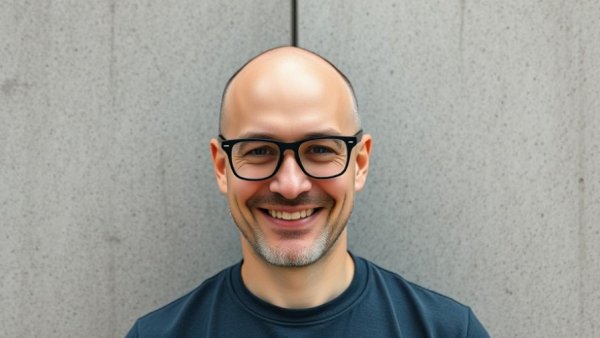 Bald male with glasses smiling confidently against concrete background.
