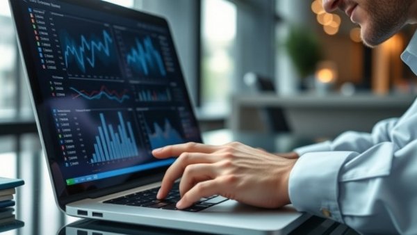 Business professional analyzing data on a laptop for SoundHound AI valuation.