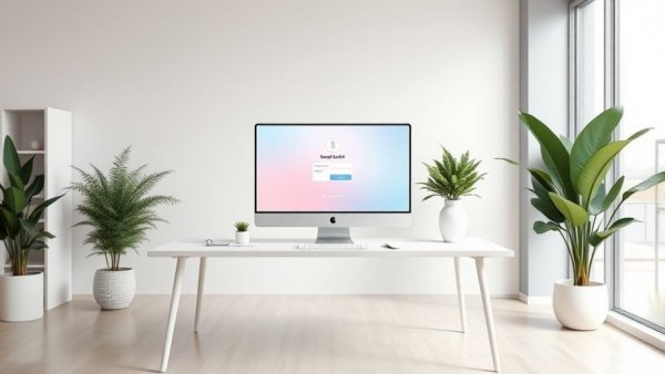 Modern office desk with login screen, associated with Paychex Oasis Employee Login.