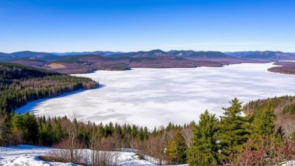 Frozen lake with mountains in Vermont's Northeast Kingdom.
