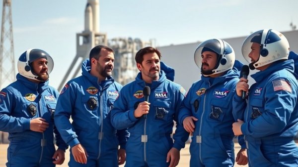 Astronauts discussing Artemis II moon mission, bright day with launch pad.