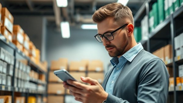 Professional using smartphone for asset tracking in an office.