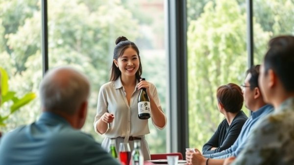 American craft sake market tasting event with presenter showing sake bottle.