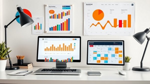 Modern desk with marketing budget tools and social media icons, bright office.