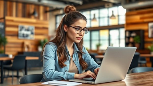Confident freelancer woman using laptop in co-working space.