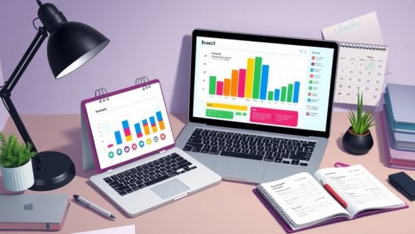 Illustration of social media marketing budget template setup on desk.