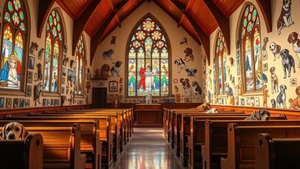 Colorful chapel at Dog Mountain Vermont with dog photos and stained glass.
