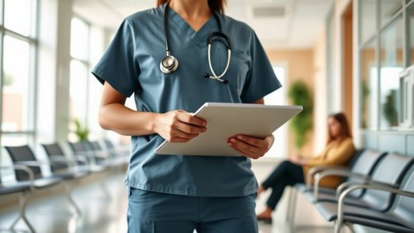 Healthcare professional reviewing guidelines with patient in waiting room.