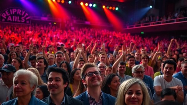 Energetic crowd transforming limiting beliefs at motivational event.