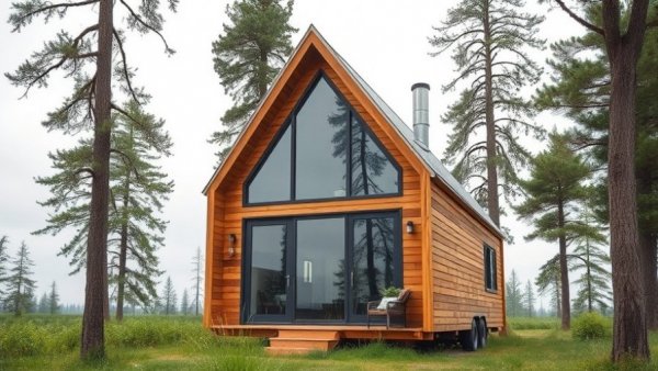 Contemporary wooden tiny home with large glass window surrounded by nature.