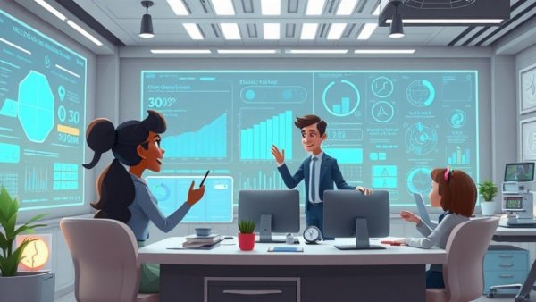Animated characters using Oracle AI Restaurant Suite interfaces in a tech setting.