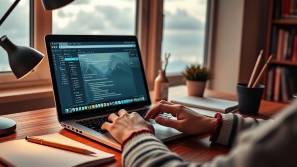 Home office with laptop showing Free WebM Editor Online.