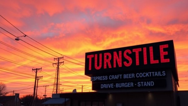 Turnstile bar sign in North Austin during sunset.