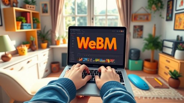Cartoon workspace with laptop showing free WebM editor online.