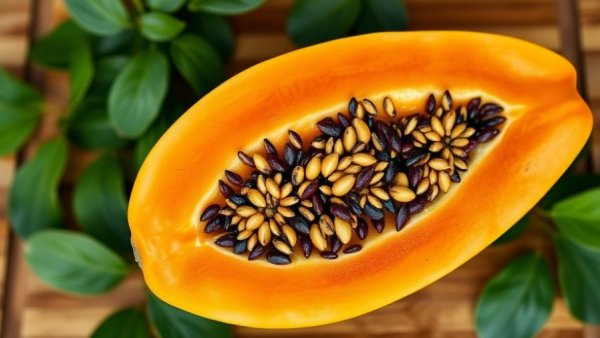 Health Benefits of Papaya: Fresh slice on a wooden board.
