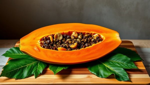 Ripe papaya on a wooden board highlighting health benefits.