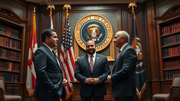 Formal discussion in a presidential setting with three individuals.