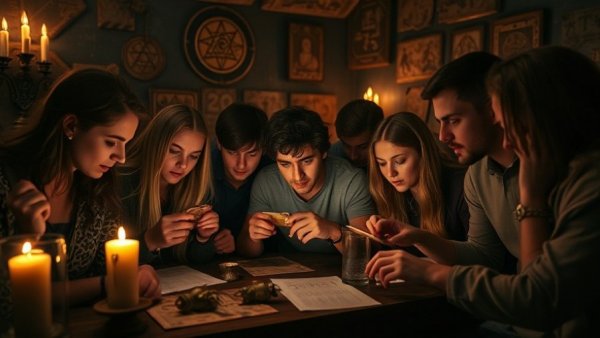 Diverse group solving escape room puzzles, focused team strategy.