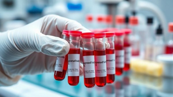 Close-up of gloved hand with blood vials for dementia detection test.