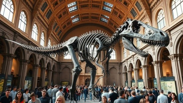 Dinosaur skeleton in London museum hall, vibrant interior.