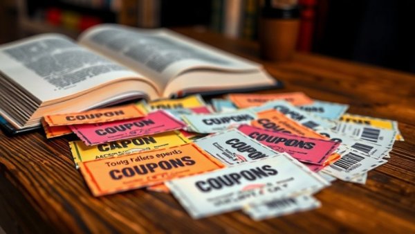 Colorful coupons on wooden table for best promotions and coupons.