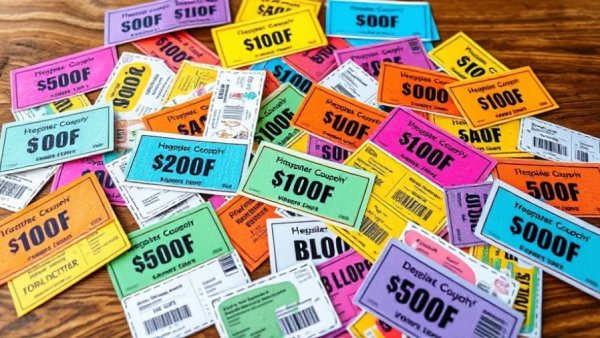 Colorful discount coupons on wooden table for October Promotions and Coupons.