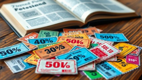 Colorful promotional coupons scattered on a table, best promotions and coupons.